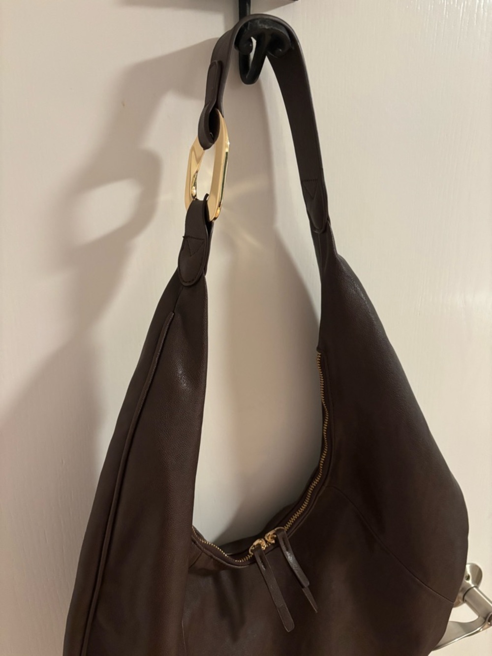 Classic Dark Brown Leather Hobo Bag with Gold Accent